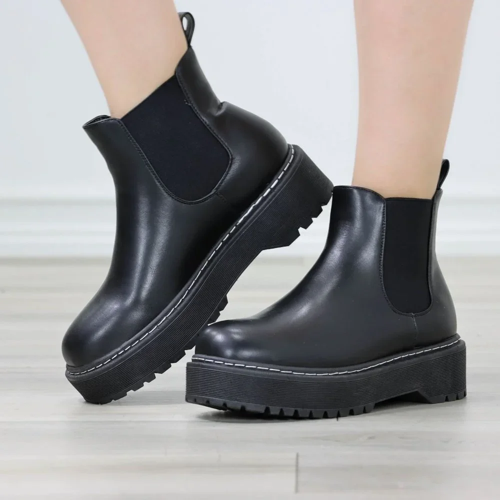 Womens Combat Boots Slip On Platform Chelsea Bootie Chunky Lugged Sole - Picture 1 of 13